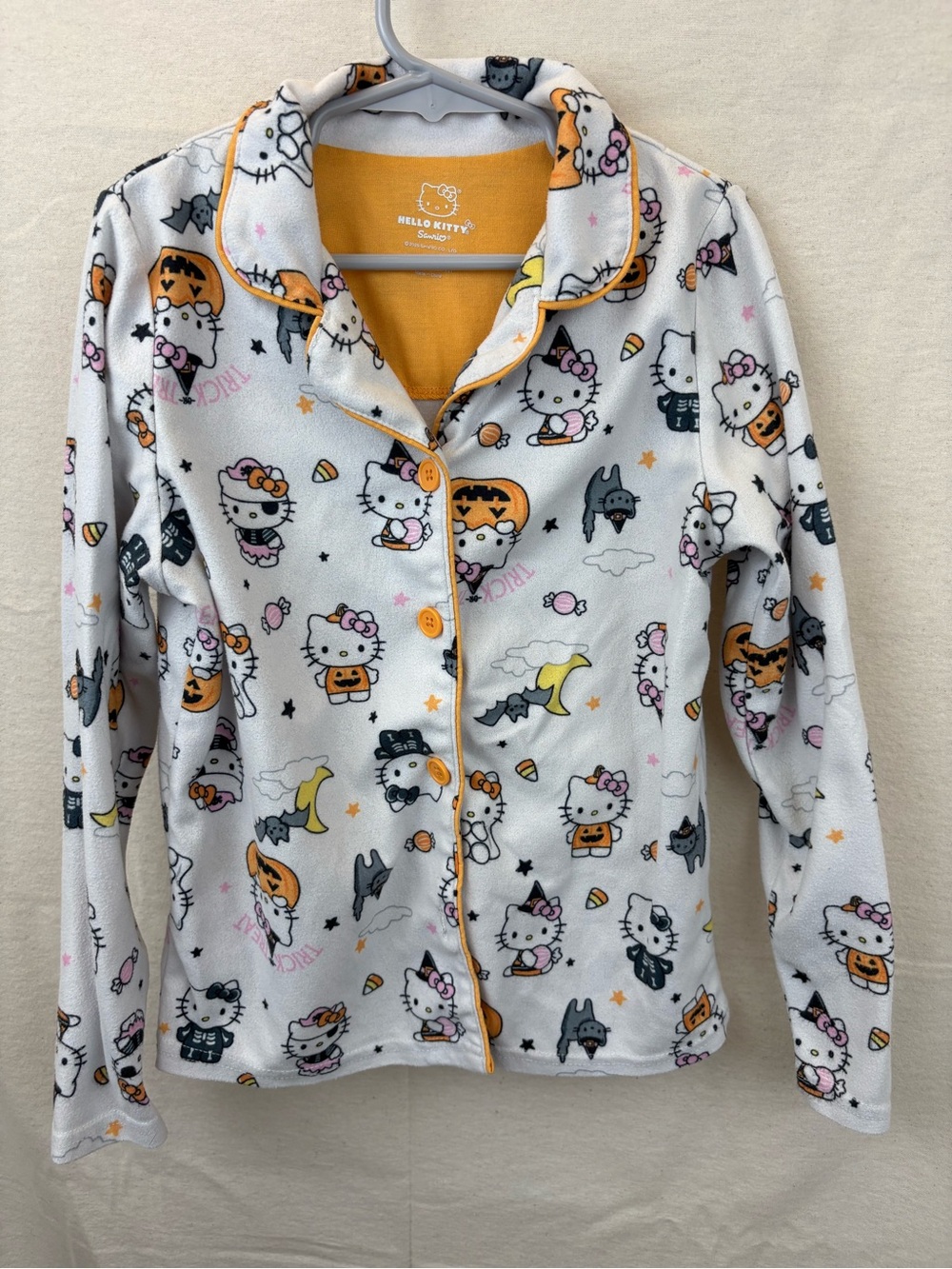Hello Kitty Halloween Fleece Button-Up Pajama Set with Orange Trim, girls 8.